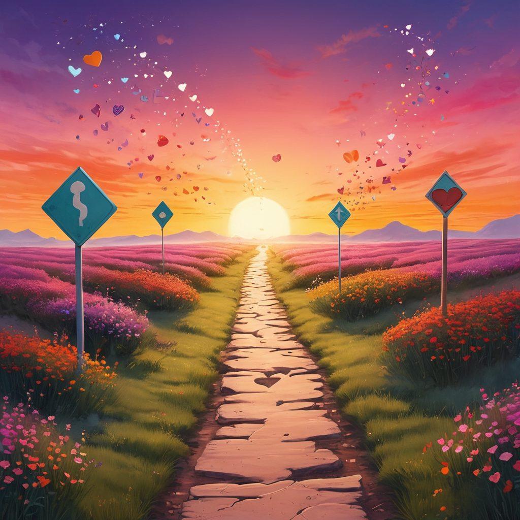 A whimsical illustration depicting a curious individual standing at a crossroads, with one path leading to playful discoveries and the other to satisfaction symbols like hearts and stars. The background features a vibrant sunset, symbolizing adventure and exploration. Include light, subtle motifs of curiosity like question marks and exclamation points floating in the air. Illustrate with a soft, dreamy aesthetic to evoke a sense of warmth and openness. vibrant colors. whimsical style.